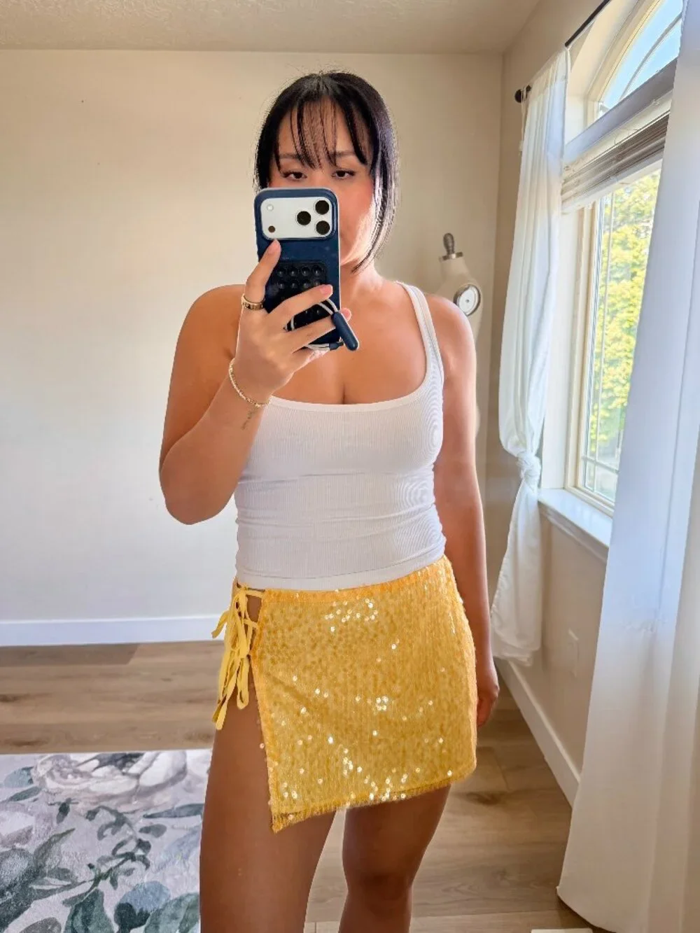 Superdown Sequin Mini Skirt | Mustard Yellow Side Tie Wrap | Party Mini Skirt S
